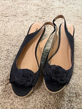 Avenue Black Slingback Peep-Toe Flats with Floral Accent